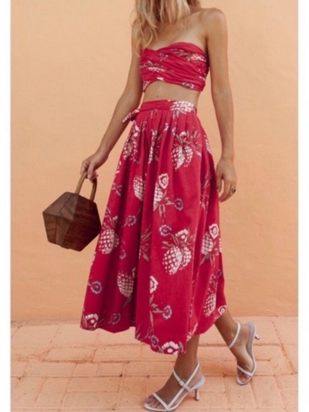 Posse Zina Pineapple Midi Wrap Skirt Red XS Limited Edition 100% Cotton Resort